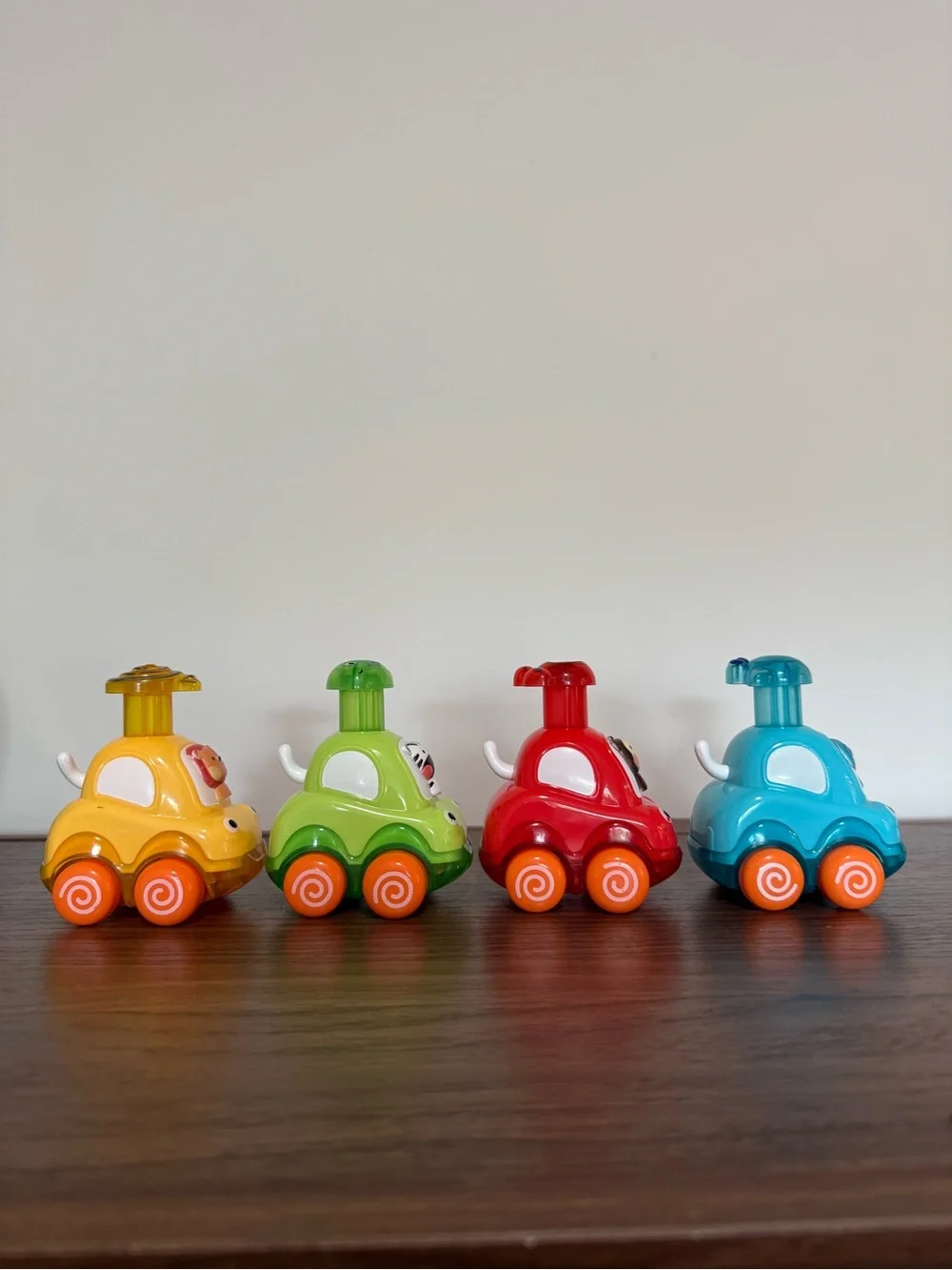 Set of 4 Push-Action Animal Racer Cars - Red, Yellow, Green, Blue